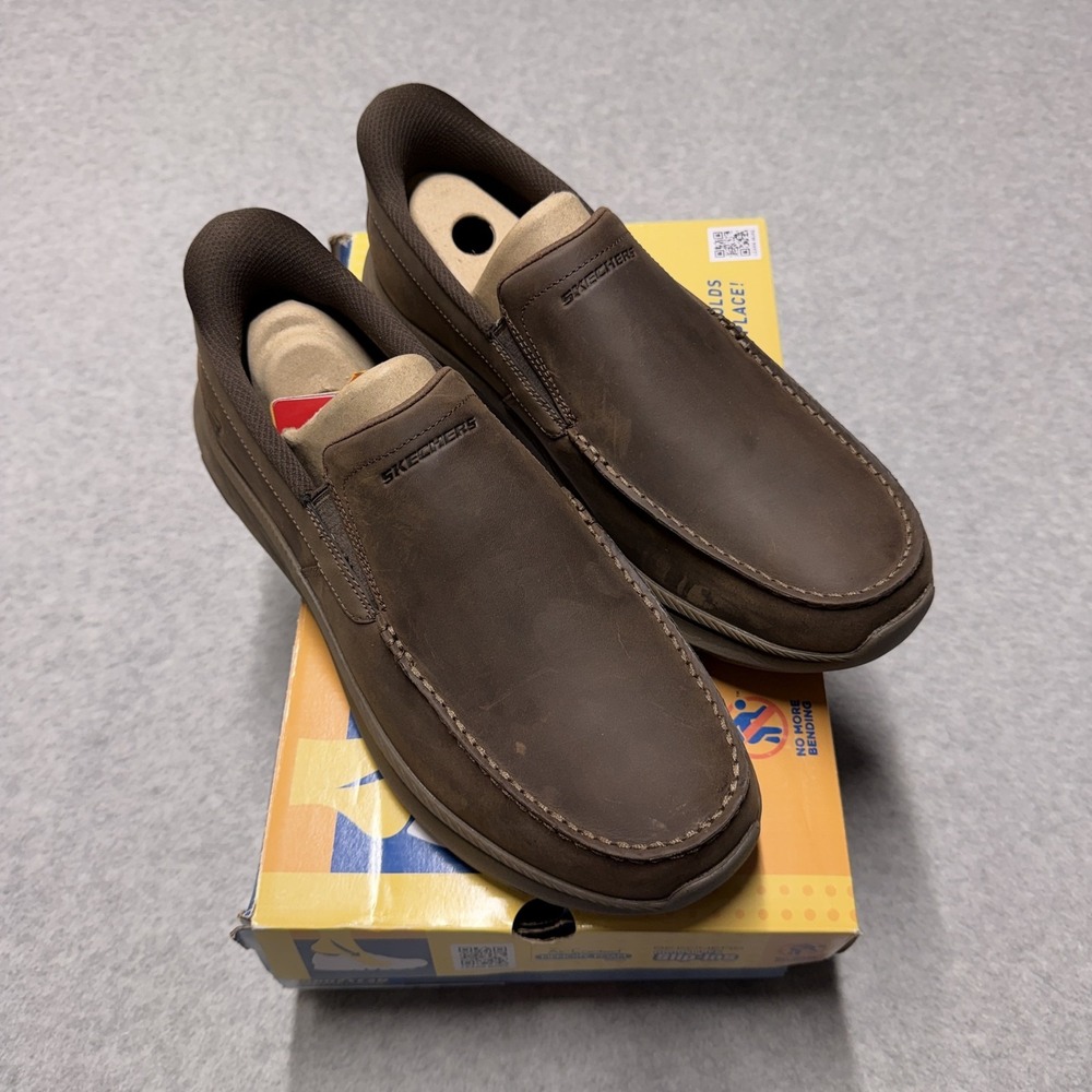 Skechers Pollard-Osgood Shoes Mens 13 Wide Brown Leather Slip On Casual Loafer